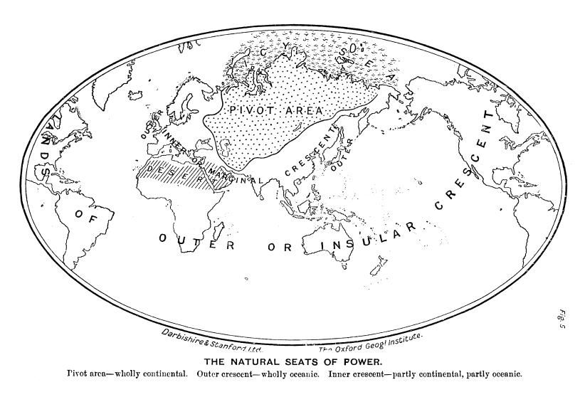 
A scan of the map out of H.J. MacKinder's 'The Geographical Pivot of History' article on what later has been called 'The Heartland Theory'. Published in the Geographical Journal, Volume 23, Number 4, April 1904, on page 421-437. 

This article is still the major foundation of any geopolitics and geoeconomics till today (both in the Global West as in the Global East). 

'The Heartland Theory and more generally classical geopolitics and geostrategy were extremely influential in the making of US strategic policy during the period of the Cold War.' (Sloan, G.R., Geopolitics in United States Strategic Policy, Brighton: Wheatsheaf Books, 1988). 

The article is still online available in PDF file format at https://wikispooks.com/w/images/c/c6/The_Geographical_Pivot_of_History.pdf (by just clicking here).

