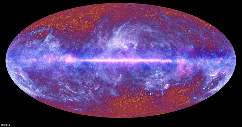 a compiled image of the result of the wide (but still yet limited) research of the light sources in the universe by the esa planck satellite